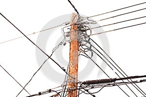 Utility pole with power cables and transformers