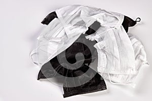 Utilized medical mask on a white background with copy space, close-up photo