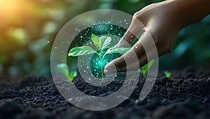 Utilizing Renewable Resources Technology For Hand Planting Trees To Promote Esg And Sustainable photo