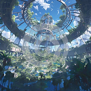 Utopian Oasis: A Futuristic City Center with Atrium and Rainforest