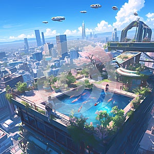 Utopian Rooftop Paradise: Cityscape and Nature Fusion