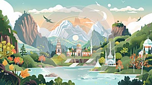 Utopian Society Harmony Nature Landmarks Illustration