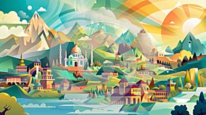 Utopian Society Harmony Nature Landmarks Illustration