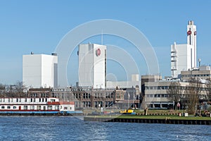 Douwe Egberts coffee factory on a sunny blue sky day.