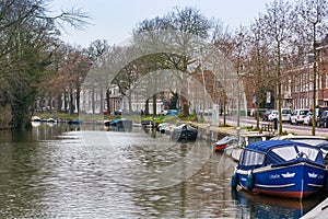 Utrecht, Netherlands - January 07, 2020. Water canal in small marina in winter