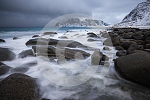 Uttakleiv Beach in the Lofoten Archipelago with round rocks and boulders