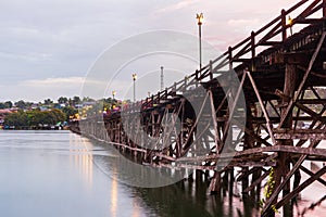 Uttama Nusorn Wooden Bridge, Mon bridge in Thailand,across the Songgaria river, Sangkhlaburi, Kanchanaburi Province