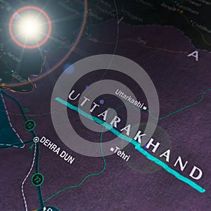 uttarakhand state in India displaying on geographical location map abstract