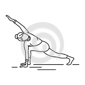 Utthita Parsvakonasana elongated side angle pose black line icon. Involves using many essential muscle groups. Pictogram for web