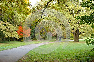 utumn park. A road between green, yellow and red trees. Two figures of a man and a woman on the road in the distance