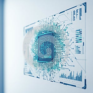 uturistic digital interface featuring a central microchip design surrounded by circuit-