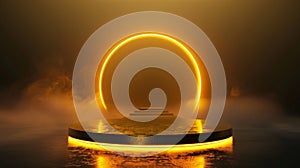 Golden Neon Circle and Platform in Misty Atmosphere