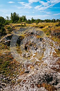 Uugu bluff or cliff on the Muhu Island in Estonia, located by the Baltic sea and near the island of Saaremaa. Beautiful sunny day