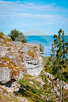 Uugu bluff or cliff on the Muhu Island in Estonia, located by the Baltic sea and near the island of Saaremaa. Beautiful sunny day