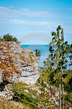 Uugu bluff or cliff on the Muhu Island in Estonia, located by the Baltic sea and near the island of Saaremaa. Beautiful sunny day