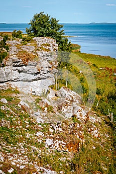 Uugu bluff or cliff on the Muhu Island in Estonia, located by the Baltic sea and near the island of Saaremaa. Beautiful sunny day