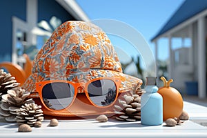 UV awareness items lotion, sunglasses, hat, shells on blue background photo