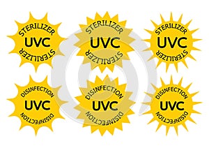 UV-C sterilizer and disinfection stamp. Sanitation device information sign. UV radiation, solar ultraviolet icons. Antimicrobial