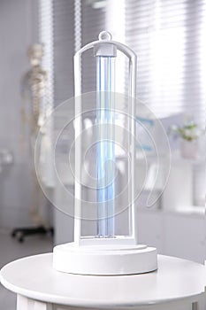 UV lamp for light sterilization on white table in hospital