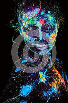 UV painting of a universe on a female body portrait