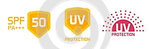 UV protection icon logo, sunlight protect spf 50 label badge graphic for body cream defence, spf50 sticker tag shield anti sun