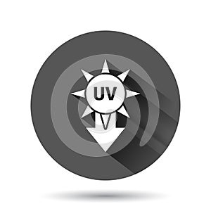 UV radiation icon in flat style. Ultraviolet vector illustration on black round background with long shadow effect. Solar