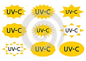 UV sterilization stamp. Sanitation device information sign. UV radiation, solar ultraviolet icons. Antimicrobial UVC Light