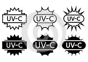UV sterilization stamp. Sanitation device information sign. UV radiation, solar ultraviolet icons. Antimicrobial UVC Light