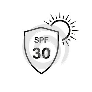 UV Sun Sunscreen Shield Protect Skin Line Icon. SPF 30 Resistant Block Ultraviolet Rays Linear Pictogram. Sunblock photo