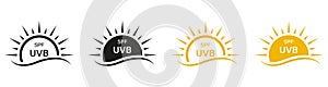 UV, UVB Skin Protection, Block Solar Radiation Pictogram Set. Anti Ultraviolet Rays. SPF Protect Icon. Sunblock Cream