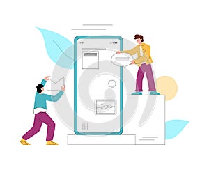 UX design process flat outline vector illustration. Male characters making web design for smartphone mobile app.