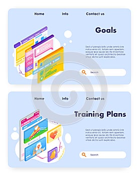 UX design screens. Sport training goals and plans app. Vector web site design template. Landing page website concept