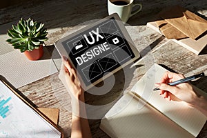 UX Design. User experience designer, Web and application development. Internet and technology concept. photo