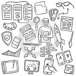 Ux designer concept doodle hand drawn set collections with outline black and white style