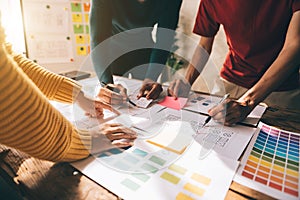 UX graphic designer planning application process development prototype wireframe for web smart phone. Creative digital development