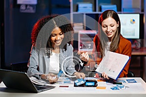 UX developer and ui designer brainstorming about mobile app interface wireframe design with customer breif and color code