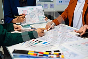 UX developer and ui designer brainstorming about mobile app interface wireframe design with customer breif and color code, User
