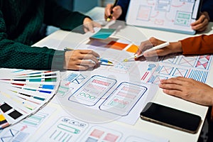 UX developer and ui designer brainstorming about mobile app interface wireframe design with customer breif and color code, User