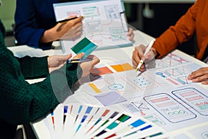 UX developer and ui designer brainstorming about mobile app interface wireframe design with customer breif and color code, User