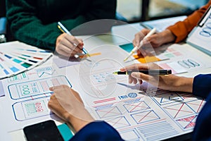 UX developer and ui designer brainstorming about mobile app interface wireframe design with customer breif and color code, User