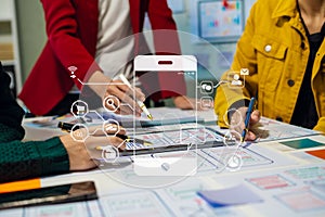 UX developer and ui designer brainstorming about mobile app interface wireframe design with customer breif and color code, User