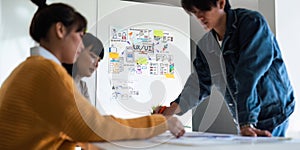 Ux developer and ui designer use augmented reality brainstorming about mobile app interface wireframe design on desk at