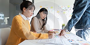 ux developer and ui designer use augmented reality brainstorming about mobile app interface wireframe design on desk at