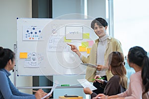 Ux developer and ui designer use augmented reality brainstorming about mobile app interface wireframe design on desk at