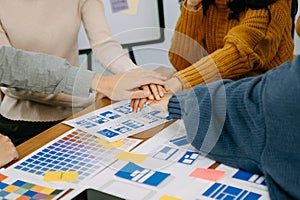 UX graphic designer planning application process development prototype wireframe for web smart phone. Creative digital development