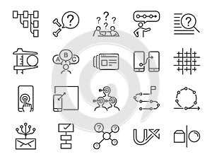 UX icon set. Included the icons as user experience, flow, prototype, agile, grid system, target, solution, procedure and more
