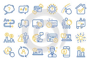 UX line icons. Set of AB testing, Journey path map and Question mark linear icons. Vector