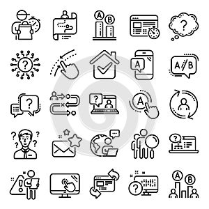 UX line icons. Set of AB testing, Journey path map and Question mark linear icons. Vector