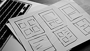 UX mobile application wireframe. Sketch, prototype, framework, layout future app design project.