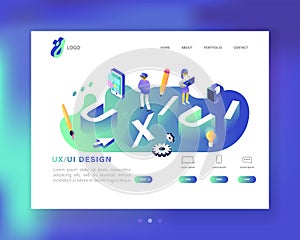 UX and UI Design Landing Page Template. Mobile App and Website Development. Isometric Web Page Layout. Easy to edit